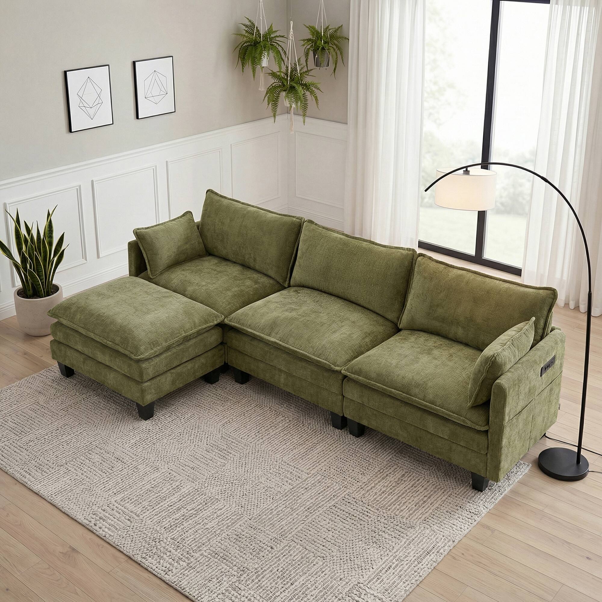 Front. Anysun - Modern Chenille 3-Seat Couch with Matching Ottoman, Built-in USB Ports and Side Pockets - Antique Light Green.