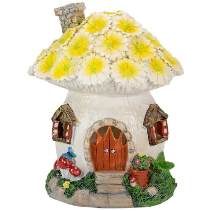 Front. Northlight - 7.25" Solar Lighted Flower House Outdoor Garden Statue - Brown.