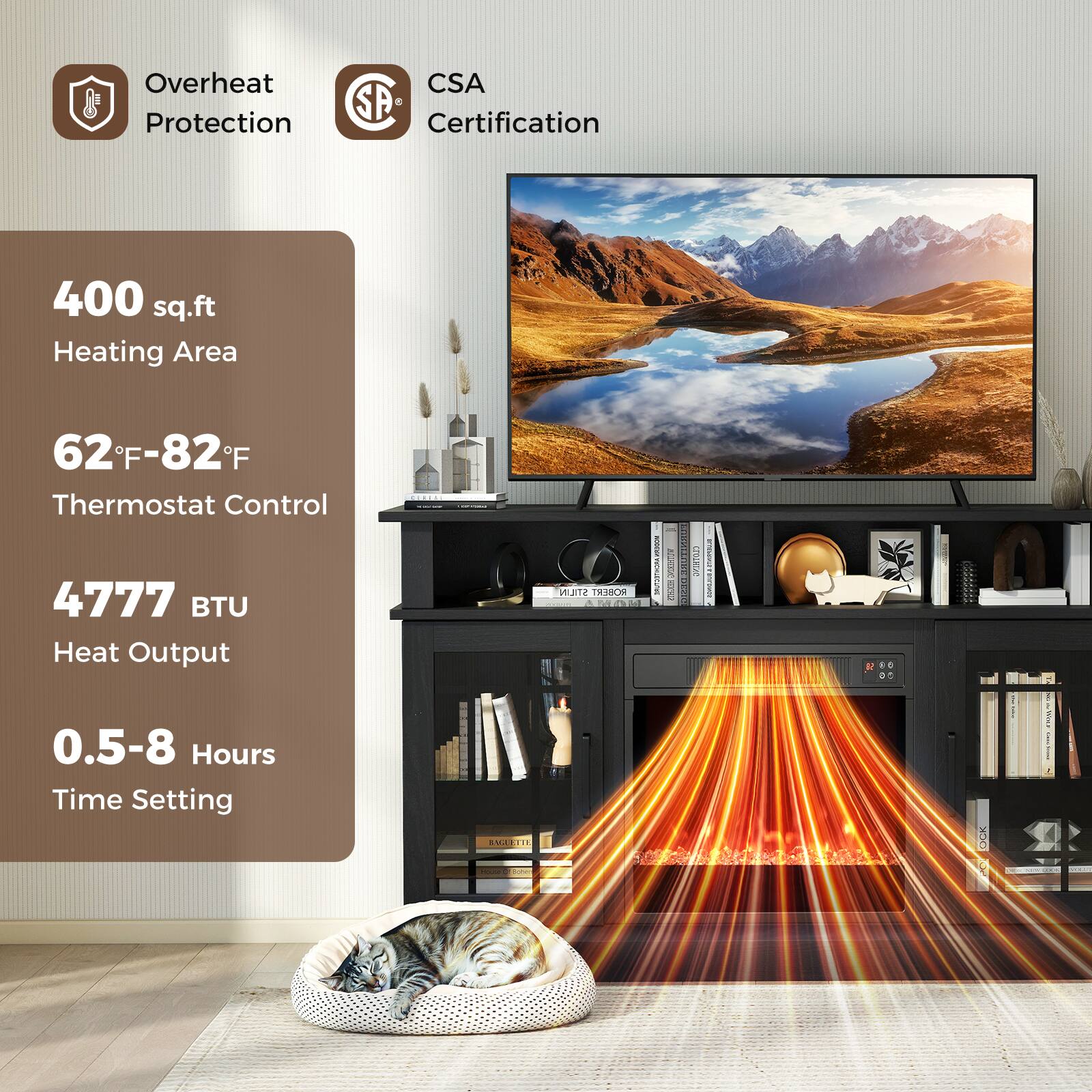 Overheat Protection  
CSA Certification  

400 sq.ft Heating Area  
62°F-82°F Thermostat Control  
4777 BTU Heat Output  
0.5-8 Hours Time Setting