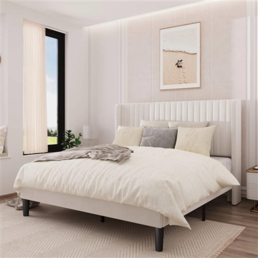 Angle. Hivvago - Full size White Velvet Upholstered Platform Bed Frame with Wingback Headboard - White.
