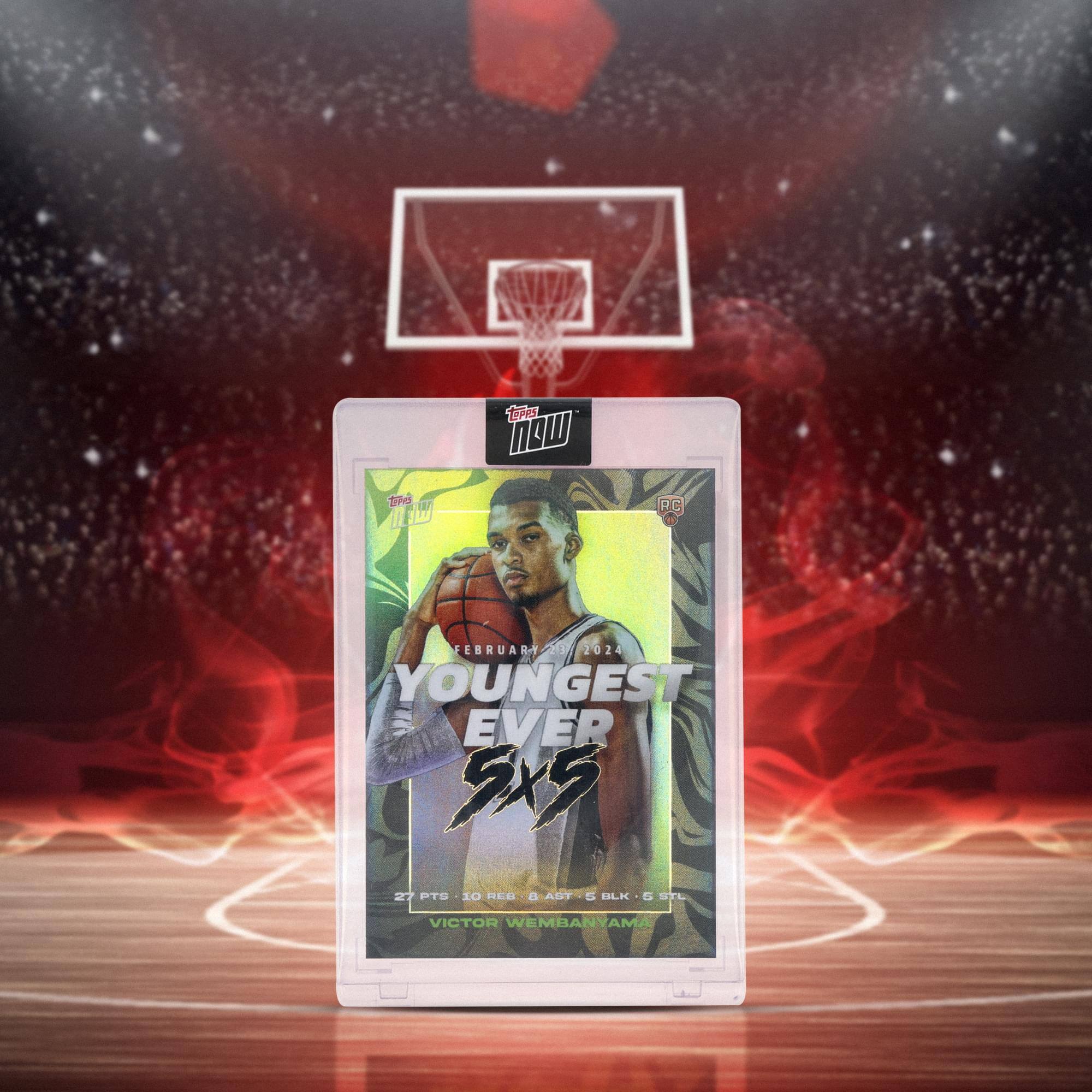 Sure, here is the corrected and grouped text from the image:

---

**Top Left Corner:**
- NBA

**Main Text:**
- FEBRUARY 23, 2024
- YOUNGEST EVER 5X5

**Player Stats:**
- 27 PTS • 10 REB • 8 AST • 5 BLK • 5 STL

**Player Name:**
- VICTOR WEMBANYAMA

**Bottom Right Corner:**
- RC

---