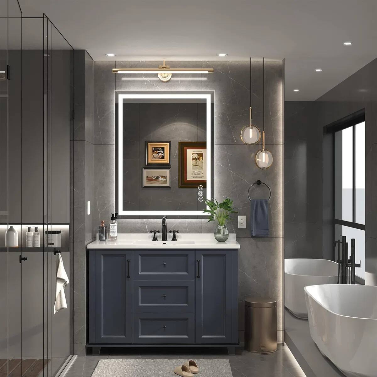 Angle. PRIMEPLUS - LED Bathroom Vanity Mirror with Dimmable 3-Color Temperature Backlit & Frontlit Anti-Fog Tempered Glass,Shatter-Proof,UL - 30"x36".