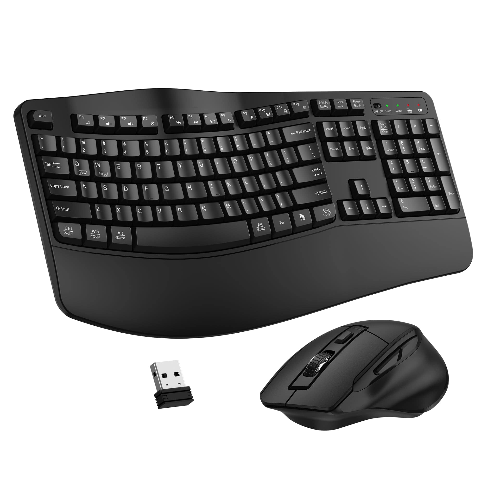 PRIMEPLUS - Wireless Keyboard & Mouse Combo, 2.4G Ergonomic Full-Size Wave Keys with Wrist Rest, 3-Level DPI Mouse for Win/Mac - Black