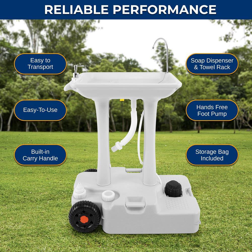 RELIABLE PERFORMANCE

- Easy to Transport
- Easy-To-Use
- Built-in Carry Handle
- Soap Dispenser & Towel Rack
- Hands Free Foot Pump
- Storage Bag Included