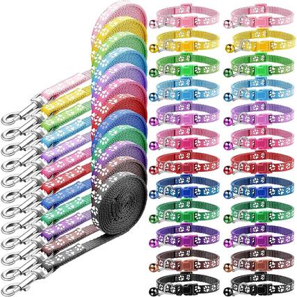 Front. MOSZAR LLC - Adjustable Puppy Collar & Leash Set, Polypropylene, Multicolor Paws - Multicolor.