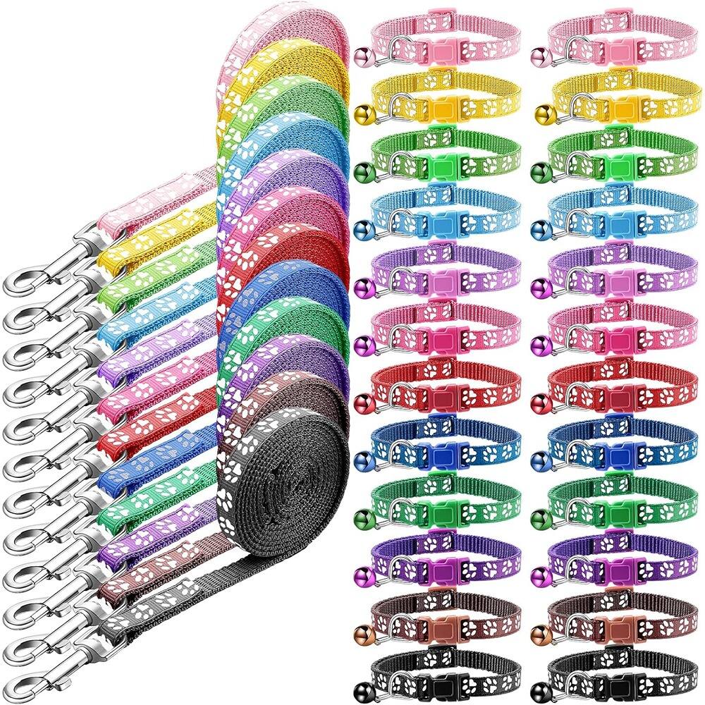 Front. MOSZAR LLC - Adjustable Puppy Collar & Leash Set, Polypropylene, Multicolor Paws - Multicolor.