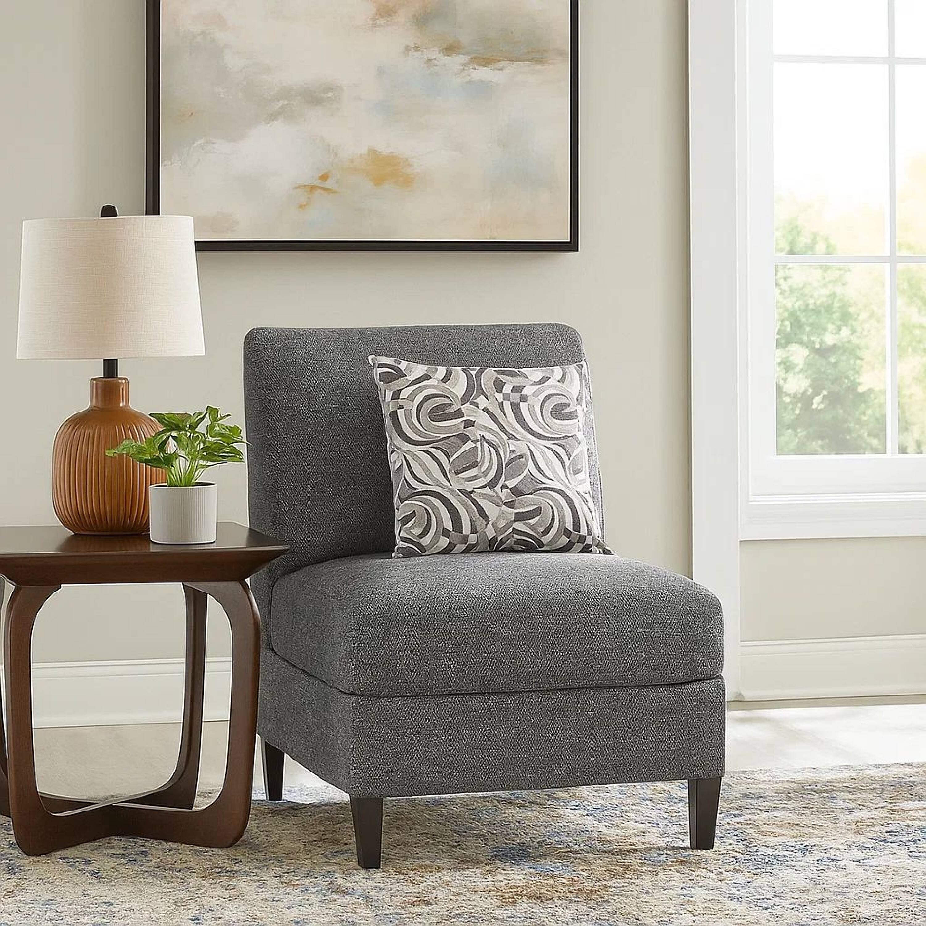 Alt View 6. Manhattan Lane - Chenille Fabric Upholstered Armless Chair with Pillow - Gray.