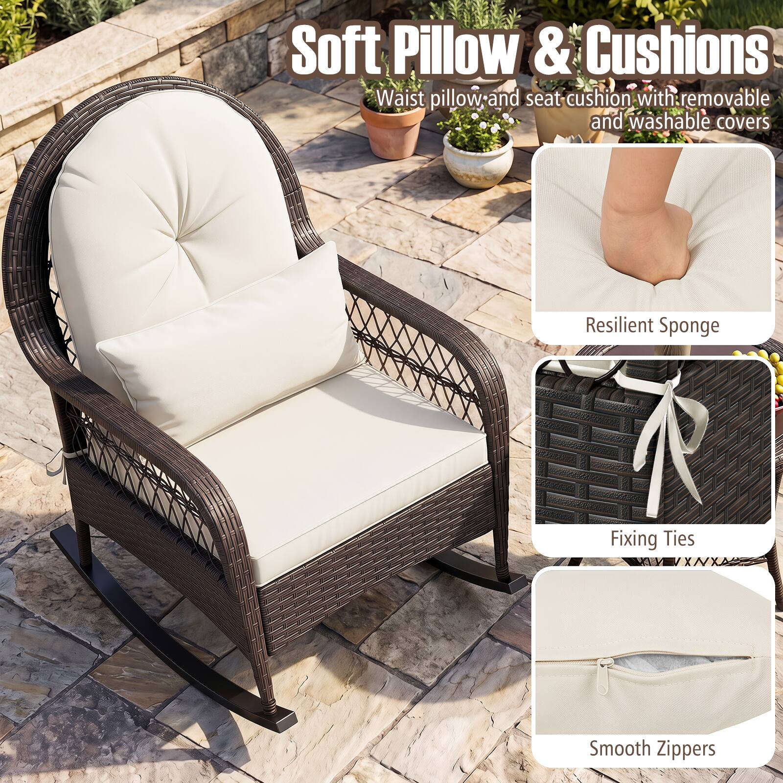 Soft Pillow & Cushions  
Waist pillow and seat cushion with removable and washable covers  

Resilient Sponge  
Fixing Ties  
Smooth Zippers