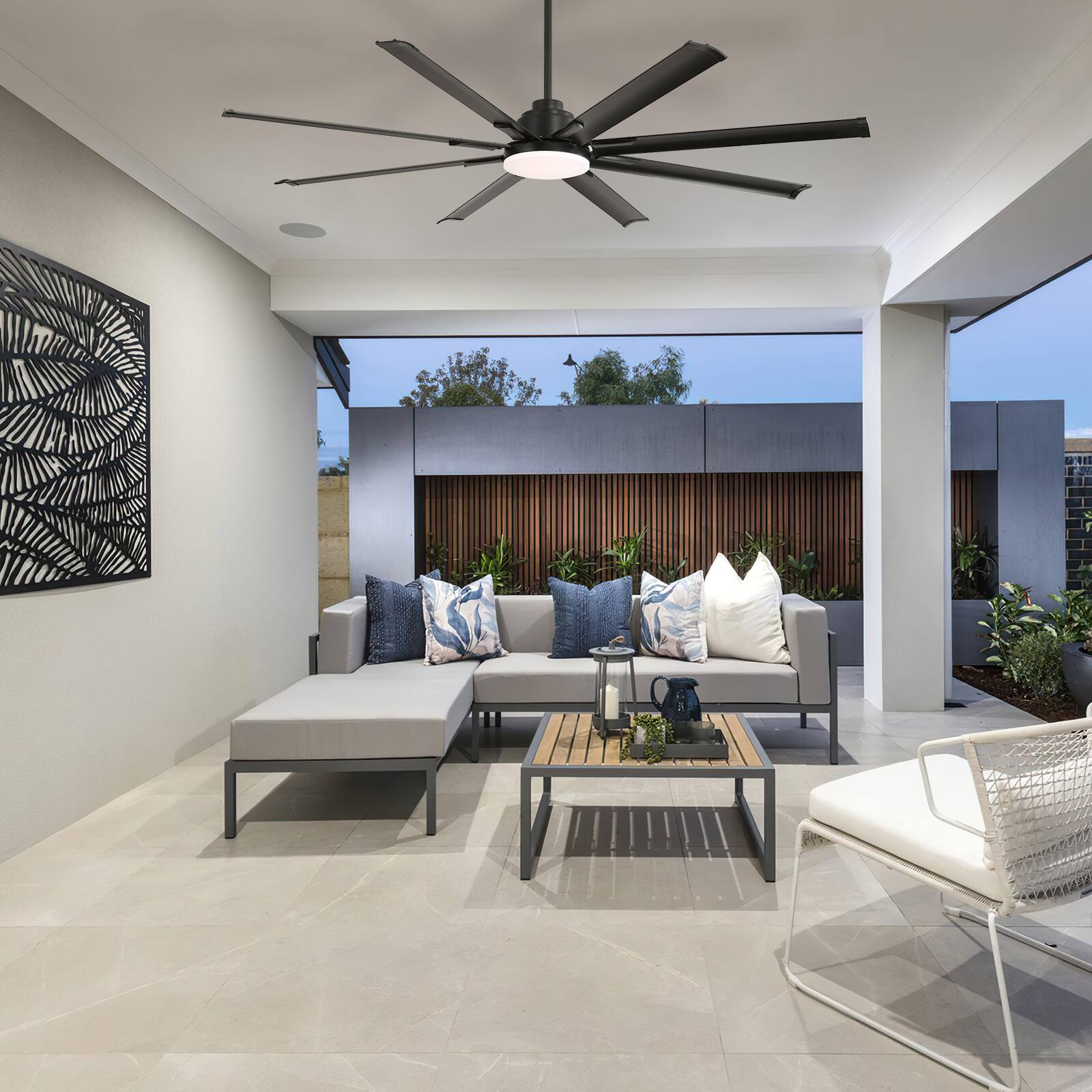 Angle. GreenEver - 84-inch Modern 8-Blade Ceiling Fan with Light, Quiet Reversible DC Motor, Remote & APP Control - Black.