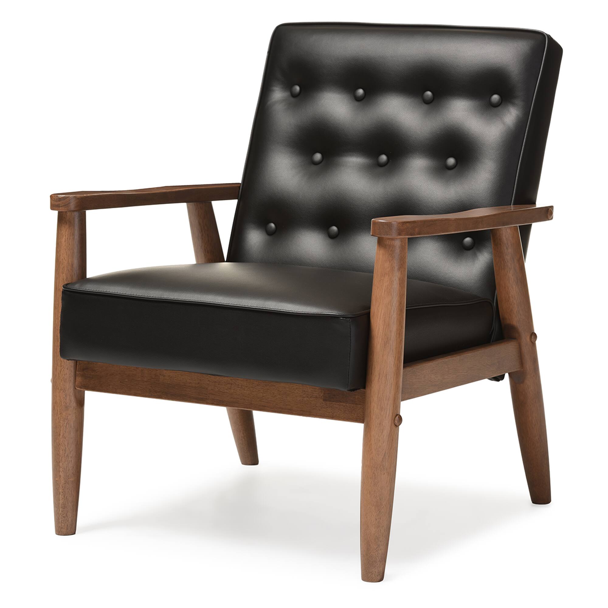 Angle. Baxton Studio - Sorrento Mid-century Retro Modern Faux Leather Upholstered Wooden Lounge Chair - Black.
