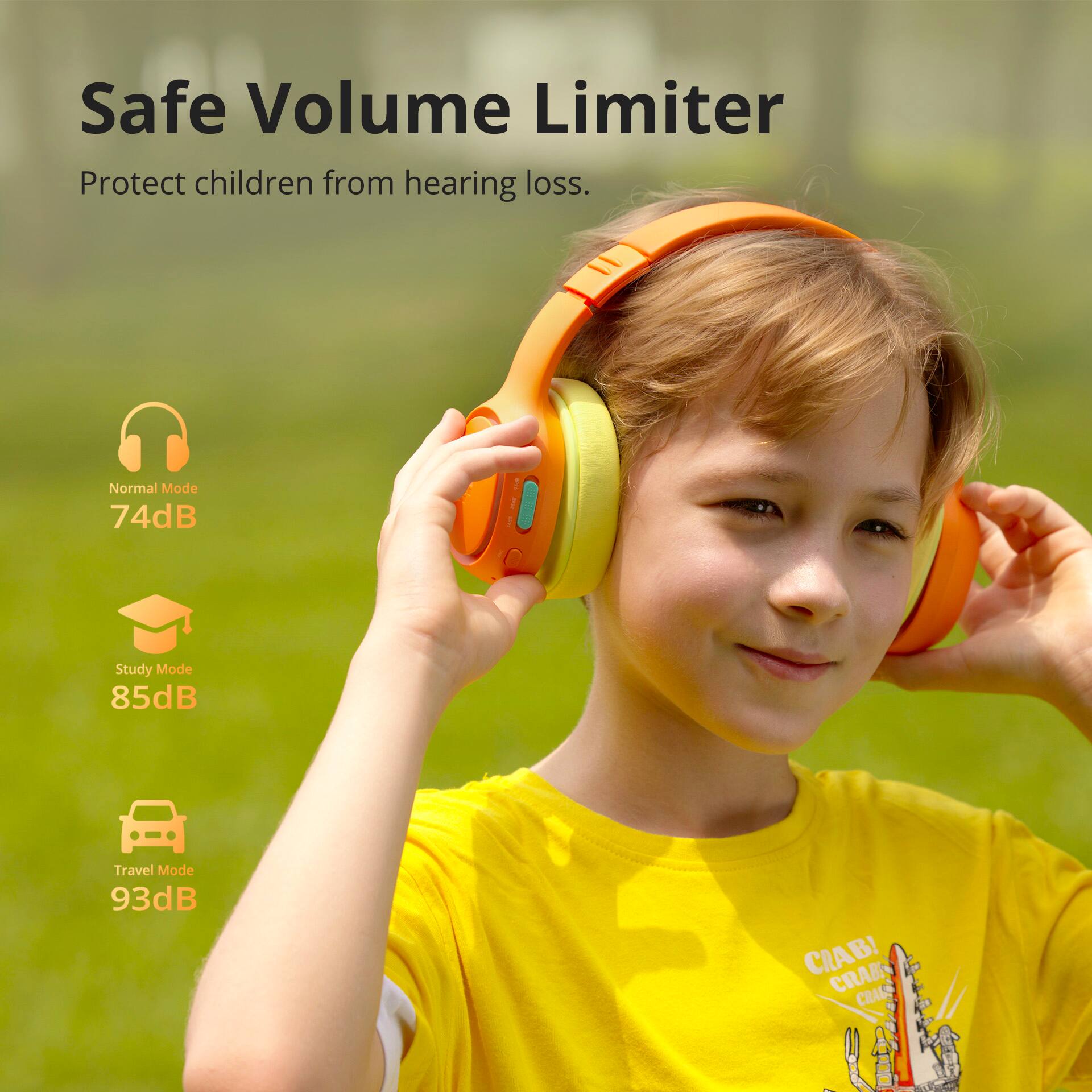 Safe Volume Limiter: Protect children from hearing loss. Normal Mode: 74dB, Study Mode: 85dB, Travel Mode: 93dB.