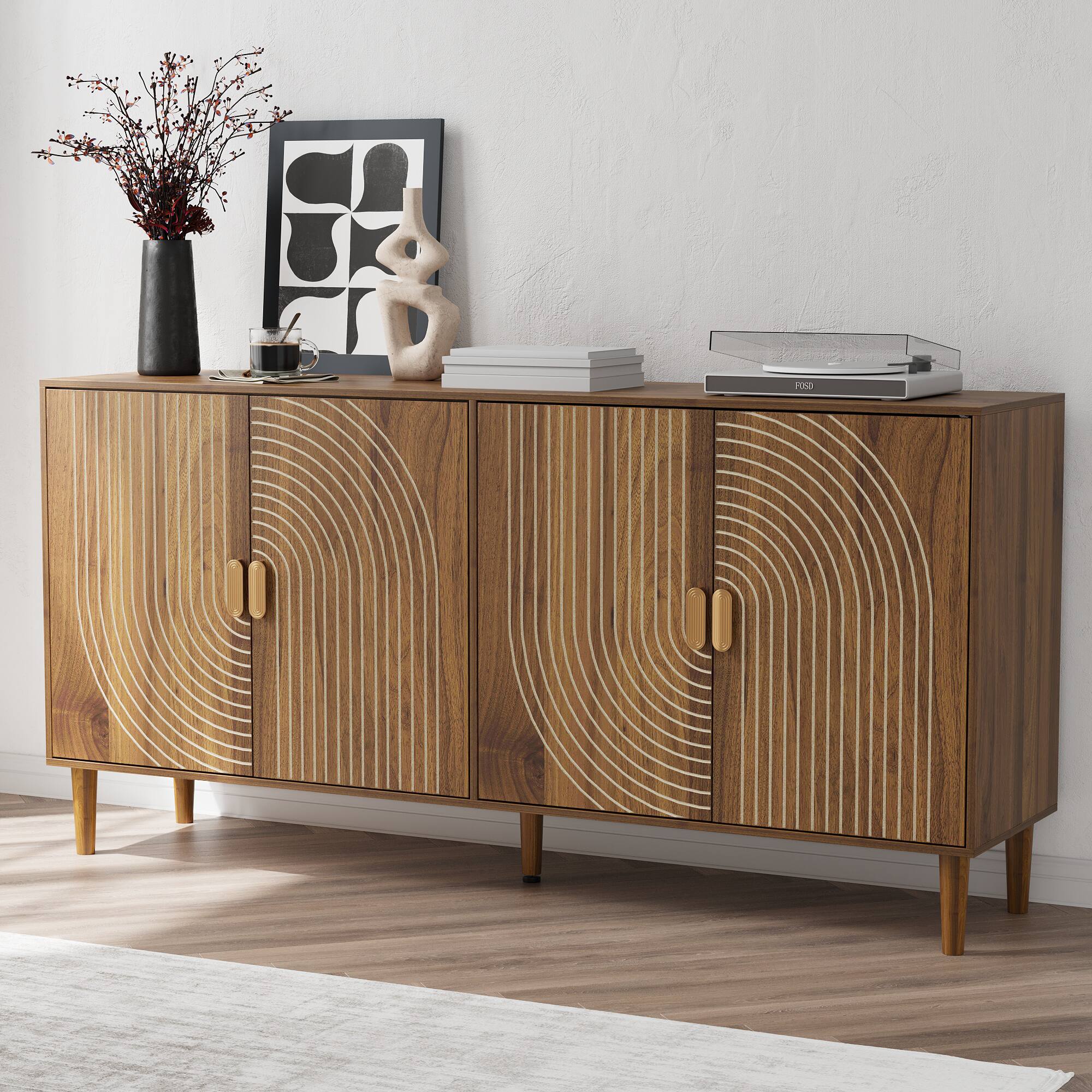 Left. Z-Edge - Buffet Cabinet with Storage, 62.6" Sideboard with 4 Doors,Mid Century Modern Credenza Coffee Bar for Living Room Kitchen - Walnut.