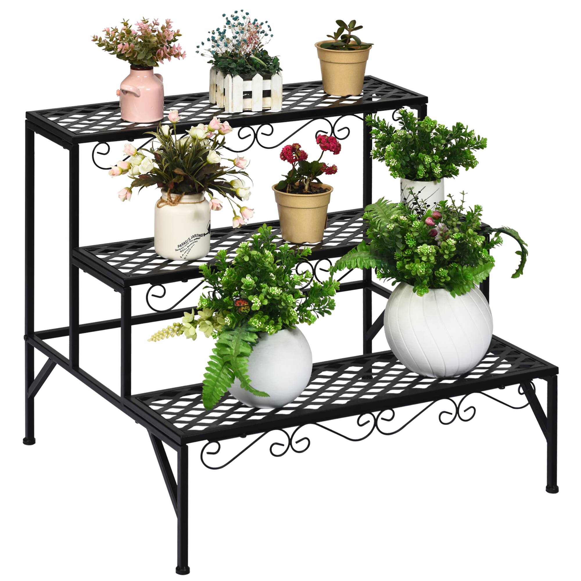 Alt View 1. Costway - 3 Tiers Metal Plant Stand Ladder Flower Pot Rack Decorative Planter Holder - black.