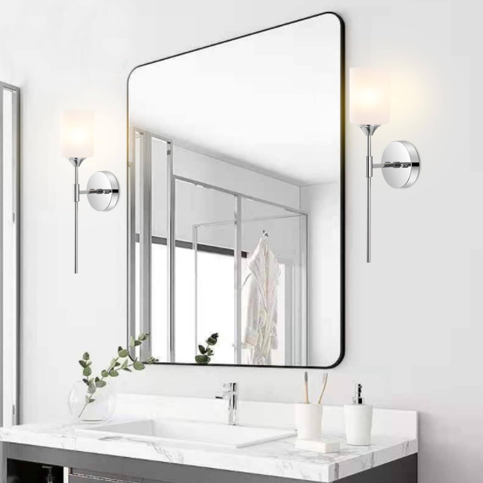 Left. Earthley Blooms - Modern Wall Sconce Set Of Cylinder Glass Shades Mid Century Bathroom Vanity Light Fixtures Industrial Lamp - Black.