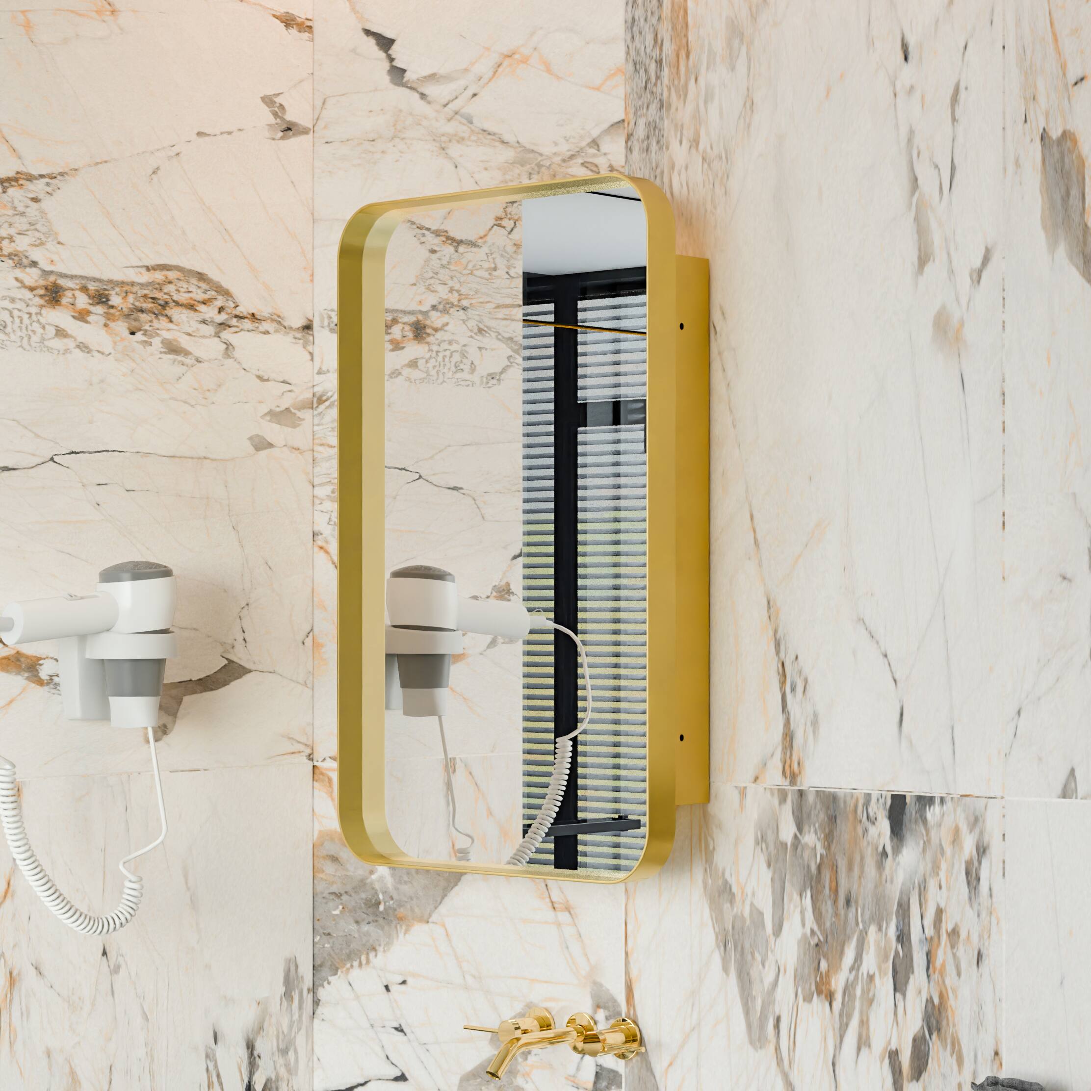 Left. TinyHomie - 20x30Inch Recessed Metal Framed Medicine Cabinet with Mirror and Adjustable Shelves Black Wall Mirror with Storage - Gold.