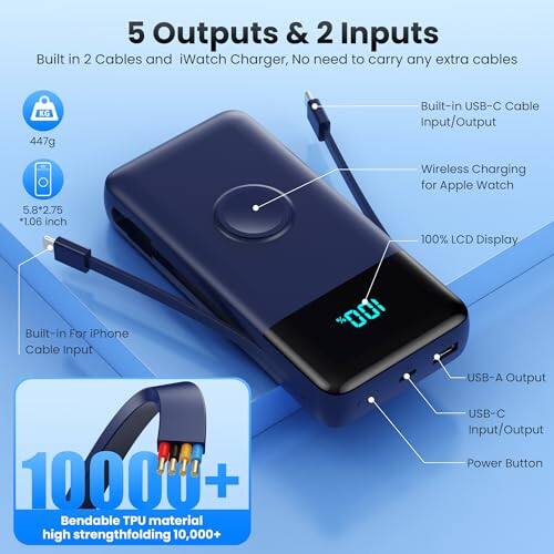 5 Outputs & 2 Inputs  
Built in 2 Cables and iWatch Charger, No need to carry any extra cables  

KG 447g  
Built-in USB-C Cable Input/Output  
Wireless Charging for Apple Watch  
5.82.75 *1.06 inch  
100% LCD Display  
Built-in For iPhone Cable Input  
USB-A Output  
1000+ Bendable TPU material high strength folding 10,000+  
USB-C Input/Output Power Button