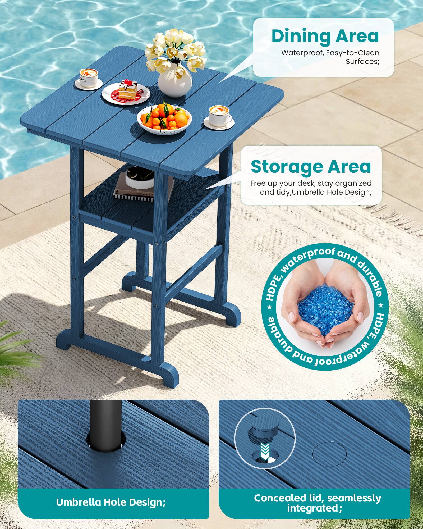 Dining Area: Waterproof, Easy-to-Clean Surfaces;

Storage Area: Free up your desk, stay organized and tidy; Umbrella Hole Design;

waterproof and HDPE, durable HDPE, and waterproof

Umbrella Hole Design;

Concealed lid, seamlessly integrated;