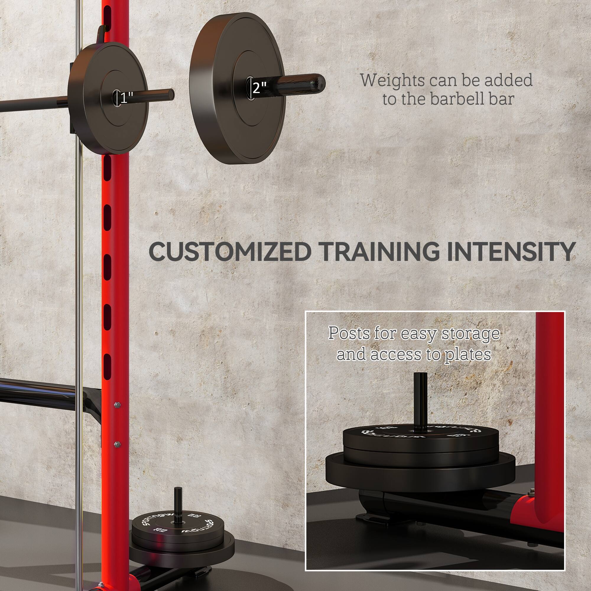 - Weights can be added to the barbell bar
- CUSTOMIZED TRAINING INTENSITY
- Posts for easy storage and access to plates