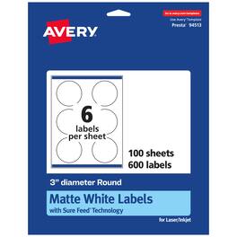 Avery - Matte Round Labels, 3" diameter, 600 Labels - White
