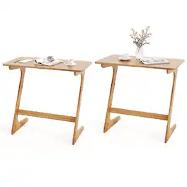 Costway - 2 PCS Bamboo Sofa Side Table Z-Shaped Spacious Tabletop Space-Saving TV Snack Tray - Natural