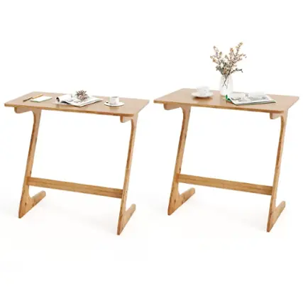 Front. Costway - 2 PCS Bamboo Sofa Side Table Z-Shaped Spacious Tabletop Space-Saving TV Snack Tray - Natural.