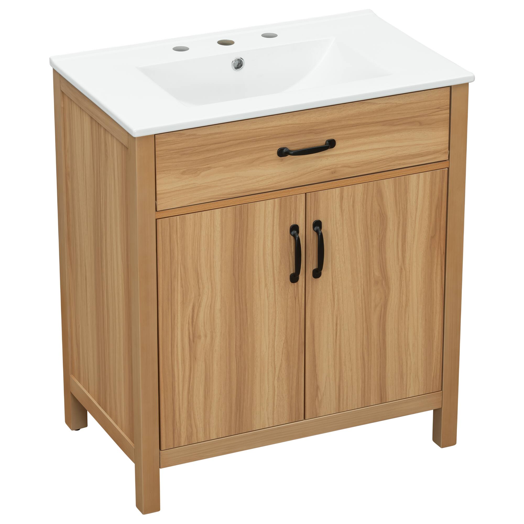 Left. Whisen - 30" Bathroom Vanity with Ceramic Sink, Solid Wood Frame, 2 Soft-Close Doors, 1 Flip Drawer & Adjustable Shelf - Acacia Wood.