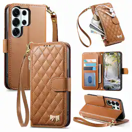 Dteck - Zipper Wallet Case for Samsung Galaxy S26 Ultra,PU Leather Flip Cover with Wrist Strap,Magnetic Snap Shockproof Case - Brown