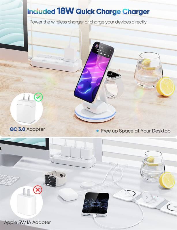 Included 18W Quick Charge Charger  
Power the wireless charger or charge your devices directly.

QC 3.0 Adapter  
Free up Space at Your Desktop

Apple 5V/1A Adapter