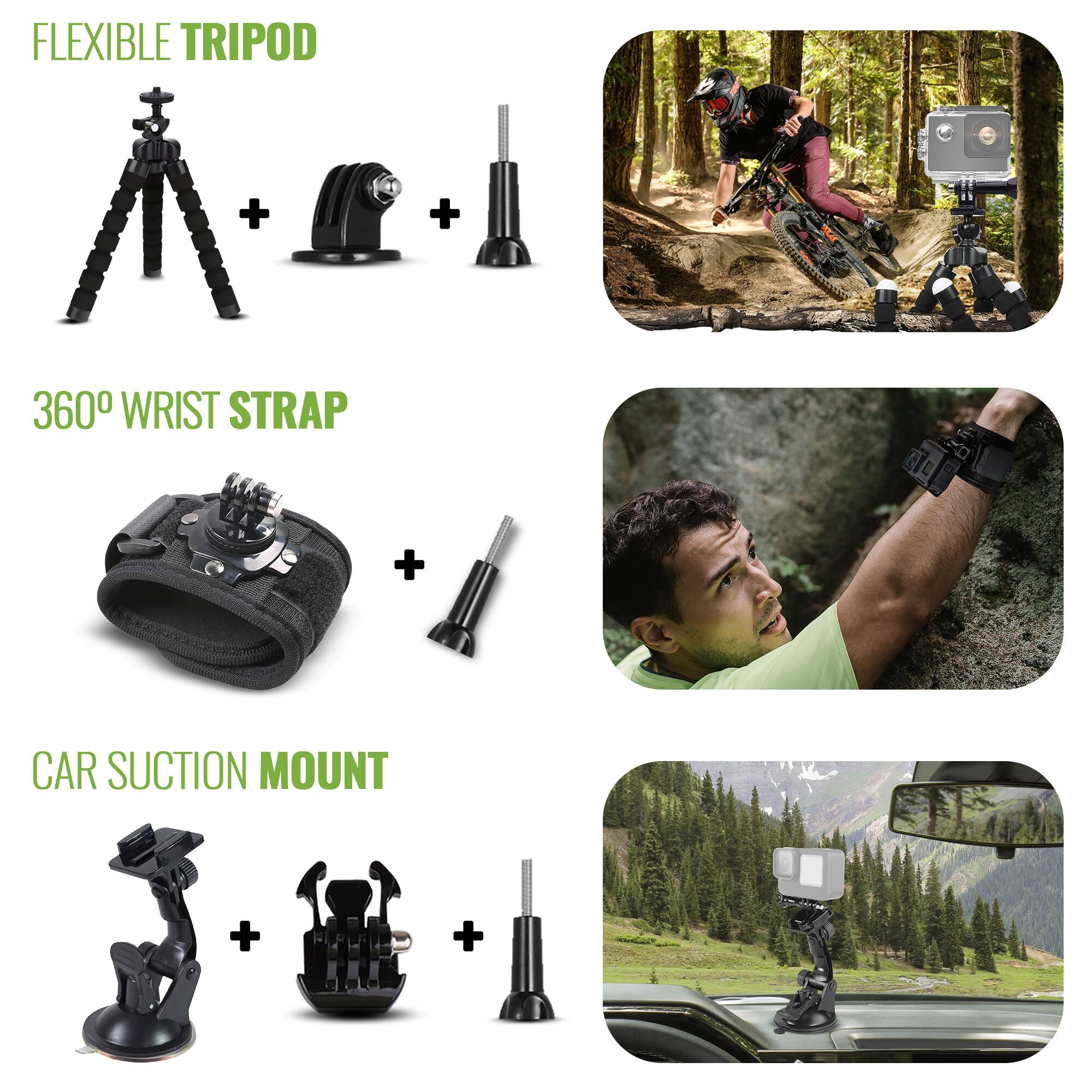 FLEXIBLE TRIPOD  
+  
360° WRIST STRAP  
+  
CAR SUCTION MOUNT