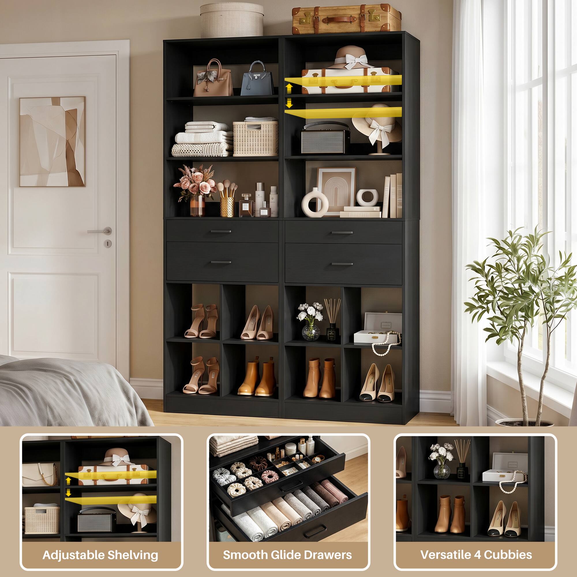 Adjustable Shelving, Smooth Glide Drawers, Versatile 4 Cubbies