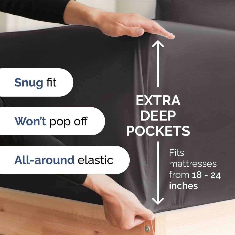 Snug fit  
Won't pop off  
EXTRA DEEP POCKETS  
All-around elastic  
Fits mattresses from 18 - 24 inches