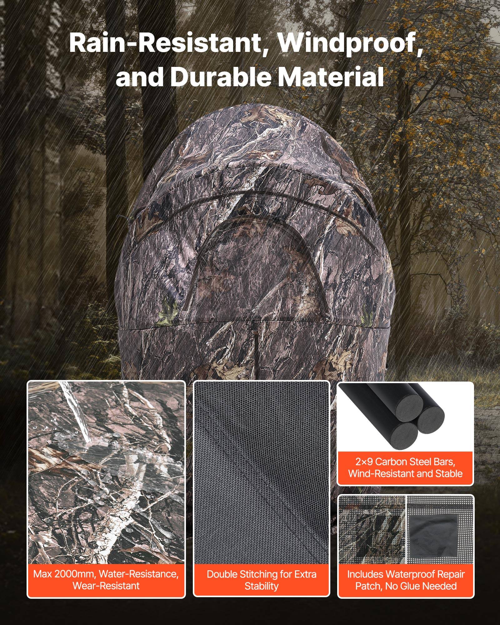 Rain-Resistant, Windproof, and Durable Material

- Max 2000mm, Water-Resistance, Wear-Resistant
- Double Stitching for Extra Stability
- 2x9 Carbon Steel Bars, Wind-Resistant and Stable
- Includes Waterproof Repair Patch, No Glue Needed