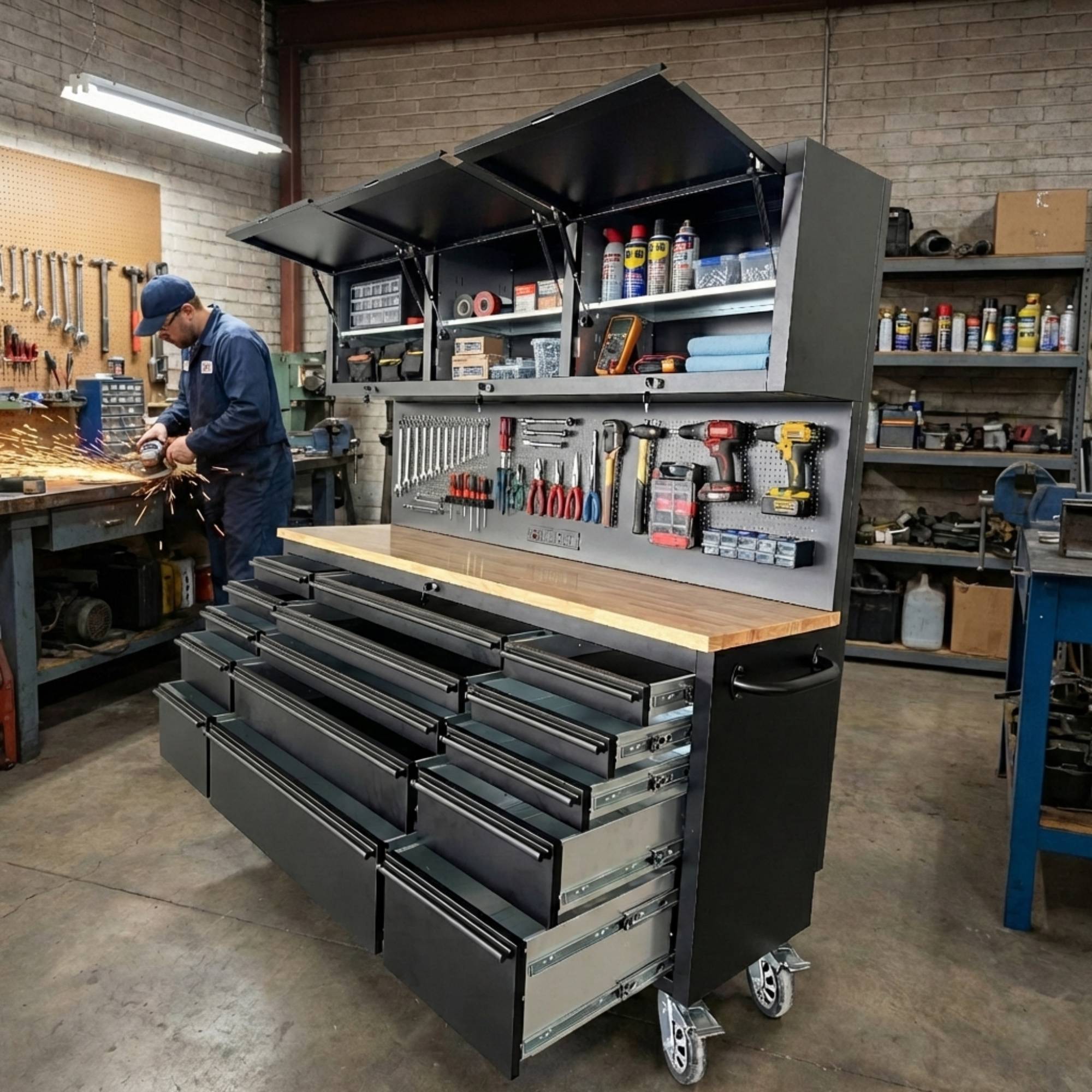 Angle. LOVMOR - 72 inch Heavy Duty Rolling Tool Storage Cabinet with Power Strip 15 Drawers Pegboard and Lockable Security.