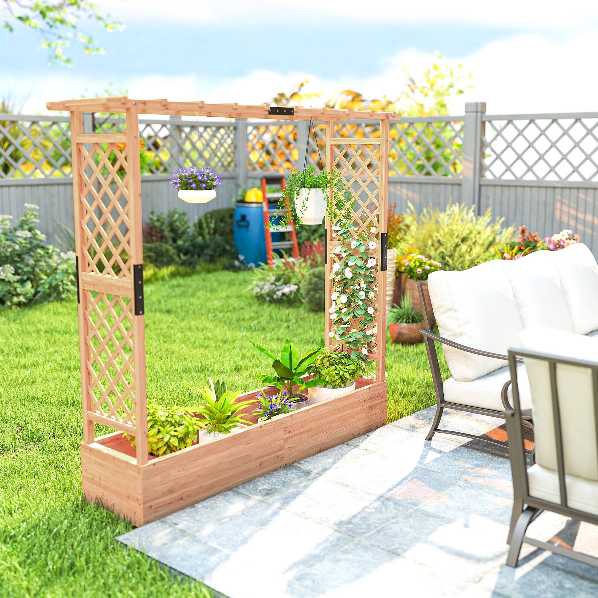 Alt View 7. Outsunny - Raised Garden Bed with Trellis, Wooden Planter Box with Hanging Roof and Drainage Holes.