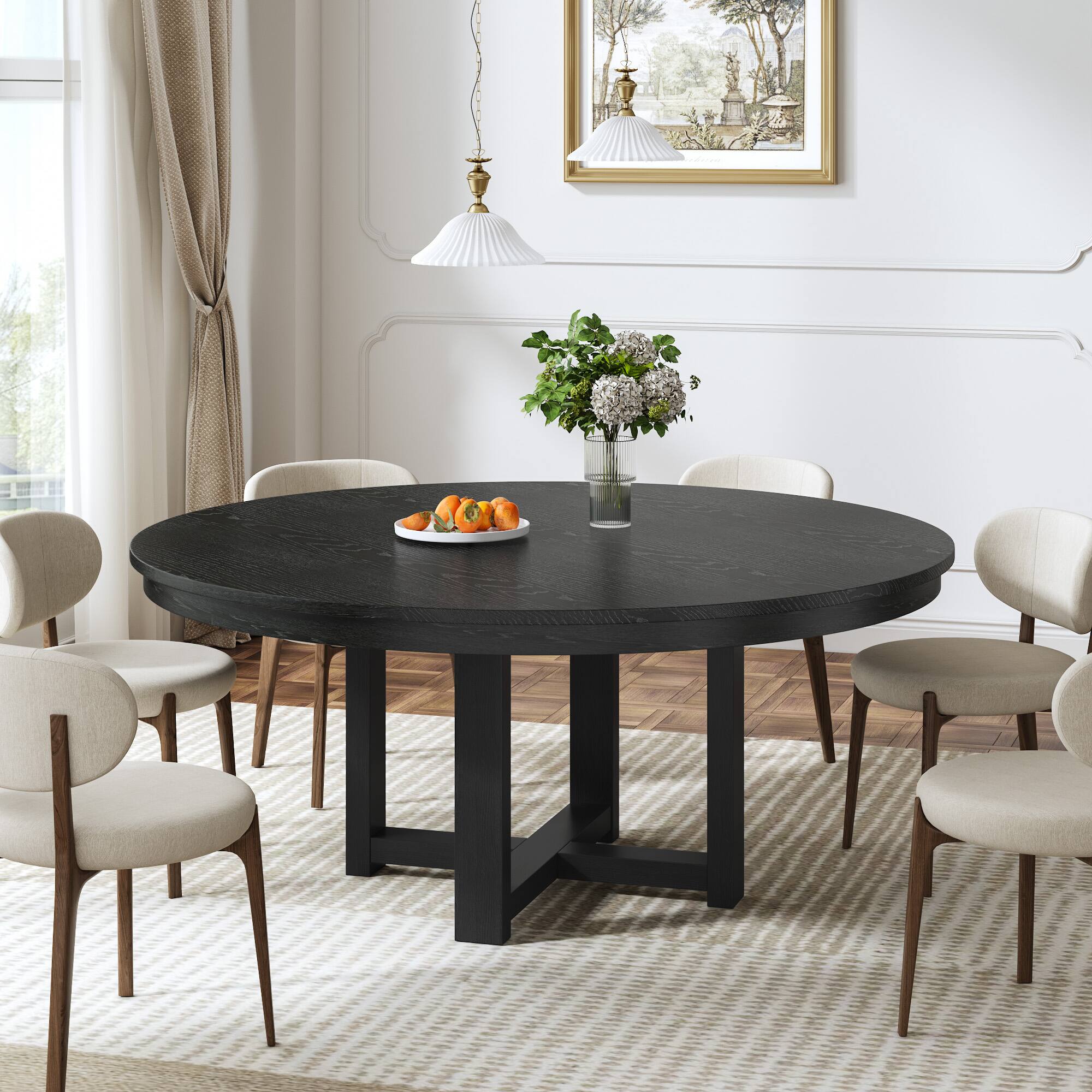 Angle. Lirago - 59" Solid Wood Round Dining Table with Double Pedestal Large Kitchen Table Seats 6 for Dining Room - Black.
