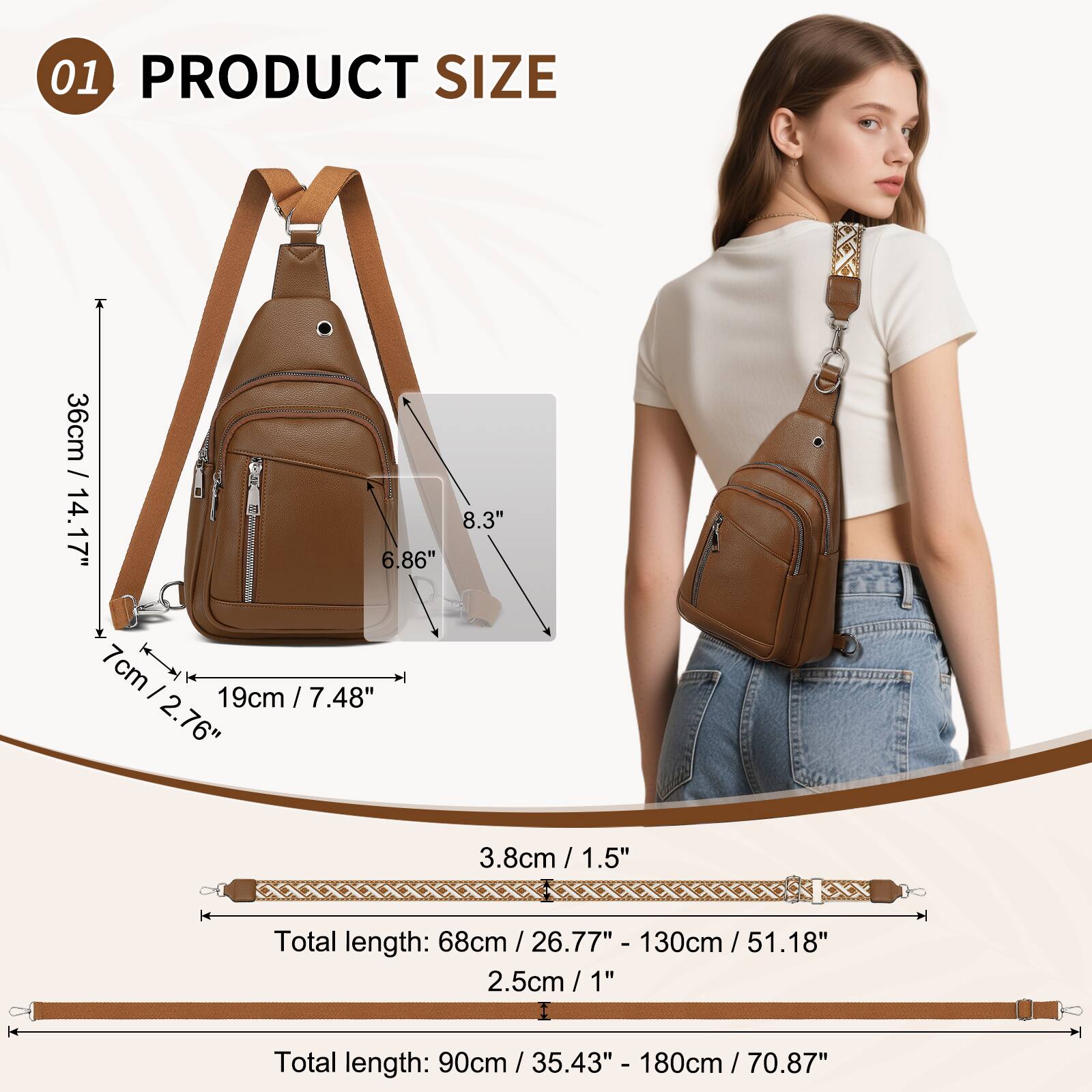 01 PRODUCT SIZE

- 36cm / 14.17"
- 19cm / 7.48"
- 7cm / 2.76"
- 6.86"
- 8.3"
- 3.8cm / 1.5"

Total length: 68cm / 26.77" - 130cm / 51.18"

Total length: 90cm / 35.43" - 180cm / 70.87"