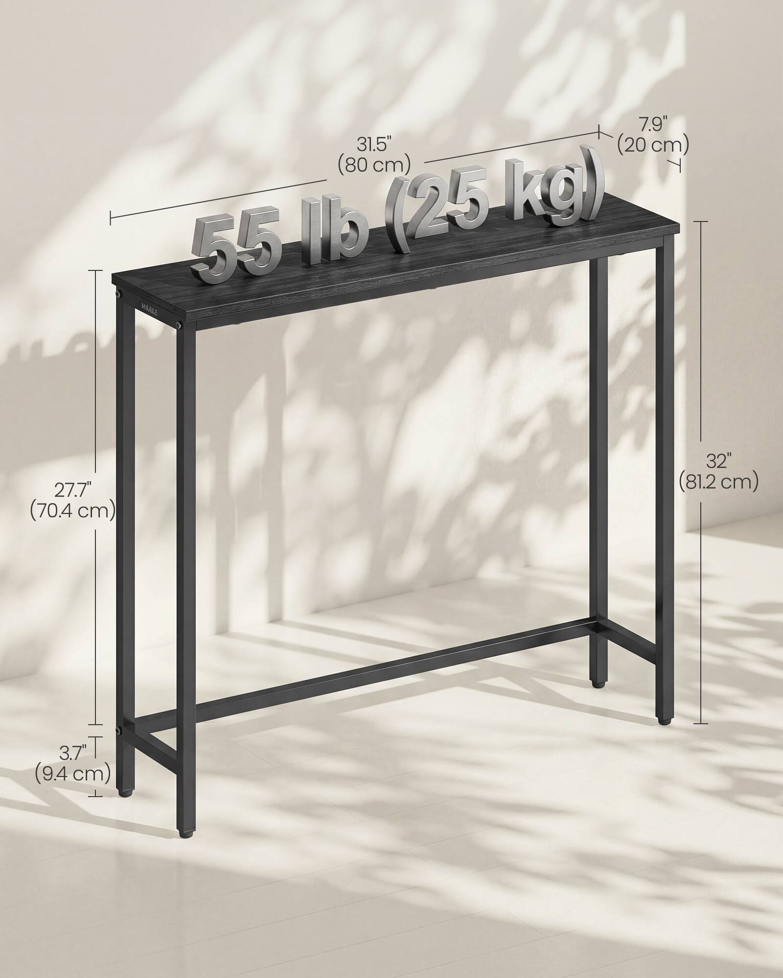 7.9" (20 cm)  
31.5" (80 cm)  
55 lb (25 kg)  
27.7" (70.4 cm)  
32" (81.2 cm)  
3.7" (9.4 cm)