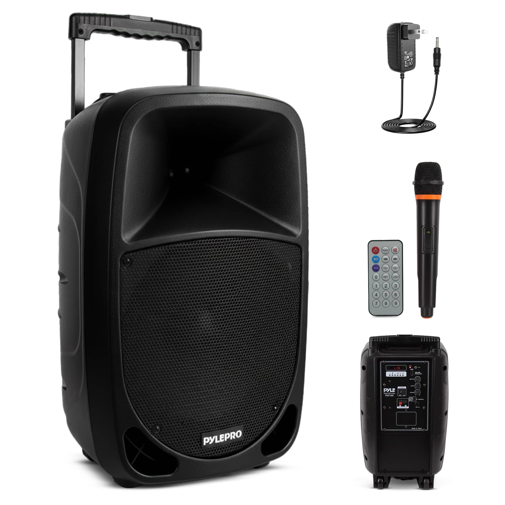 Pyle - 1000W Portable Bluetooth PA Speaker, 10” Subwoofer, UHF Wireless Mic, MP3/USB/SD, Rechargeable - PSBT105A