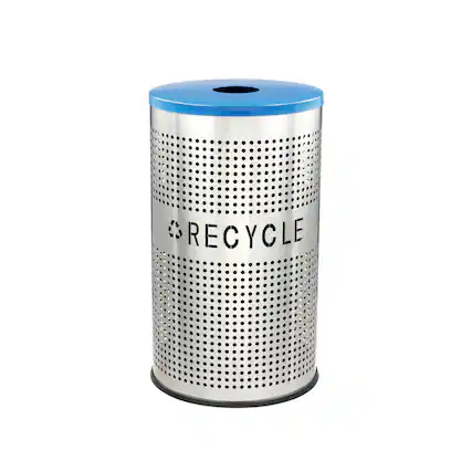 Front. Alpine Industries - 26 Gallon Perforated Recycling Trash Can with Lid and Liner - Blue - Recycle Label.