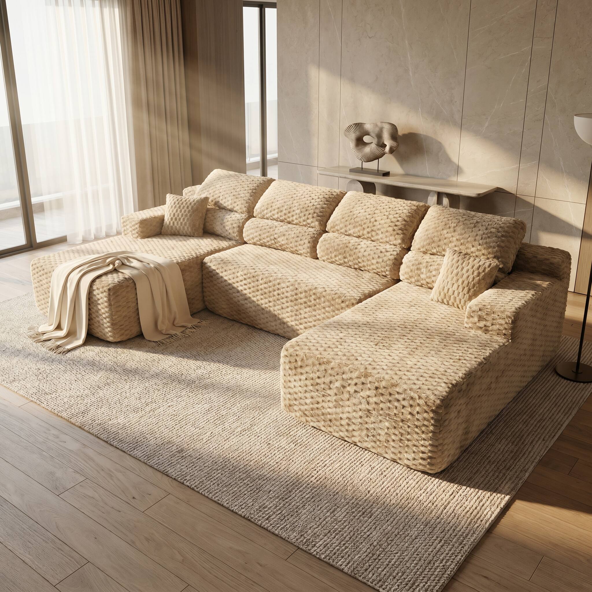 Angle. Famapy - 135" Width Compressed Sectional Sofa No Assembly High-Density Foam, Pet-Friendly 3-Color Choice for Living Room - Beige.