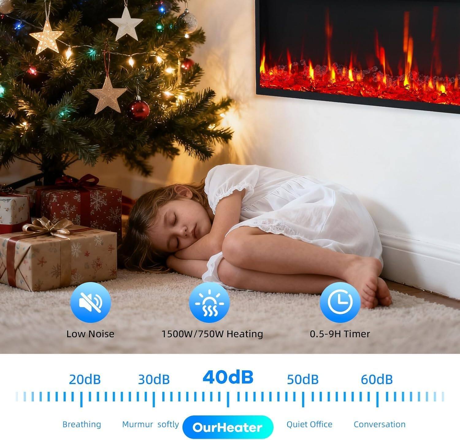 Low Noise  
1500W/750W Heating  
0.5-9H Timer  

20dB - Breathing  
30dB - Murmur softly  
40dB - Our Heater  
50dB - Quiet Office  
60dB - Conversation