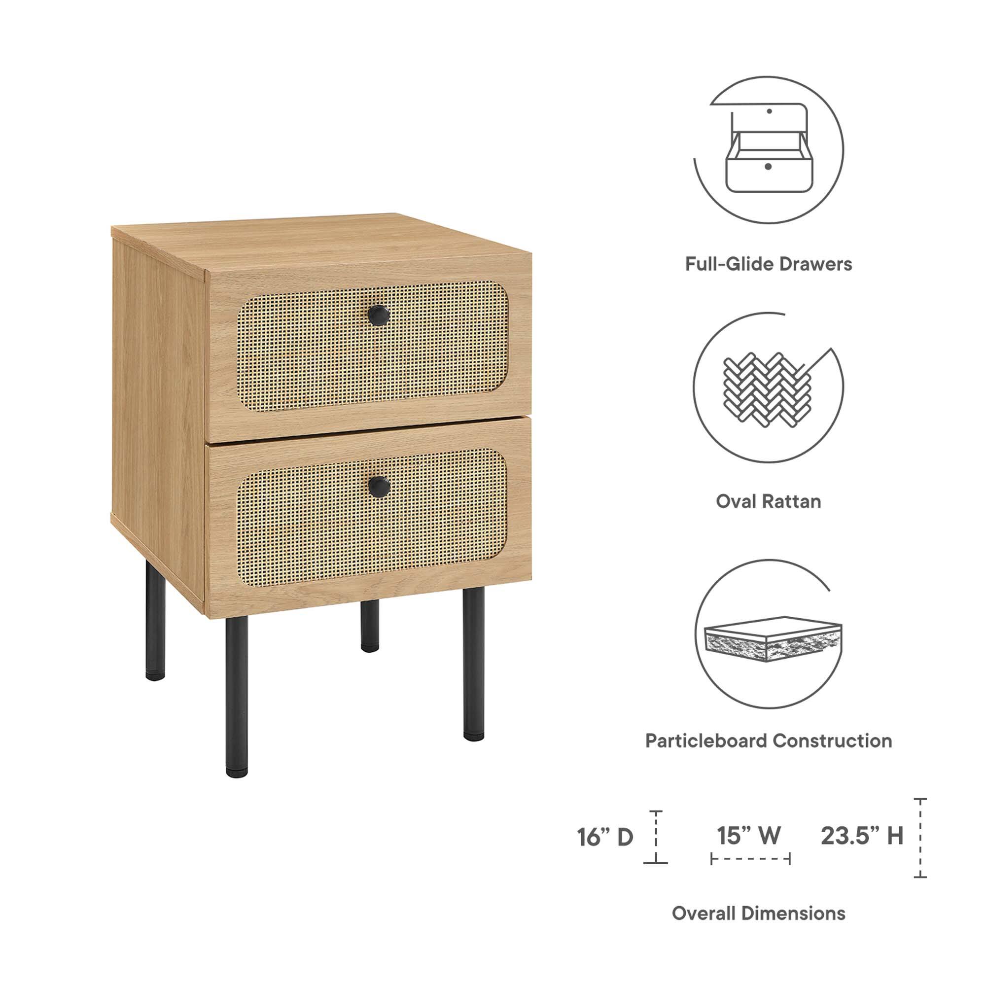 Full-Glide Drawers  
Oval Rattan  
Particleboard Construction  

Overall Dimensions:  
16" D x 15" W x 23.5" H