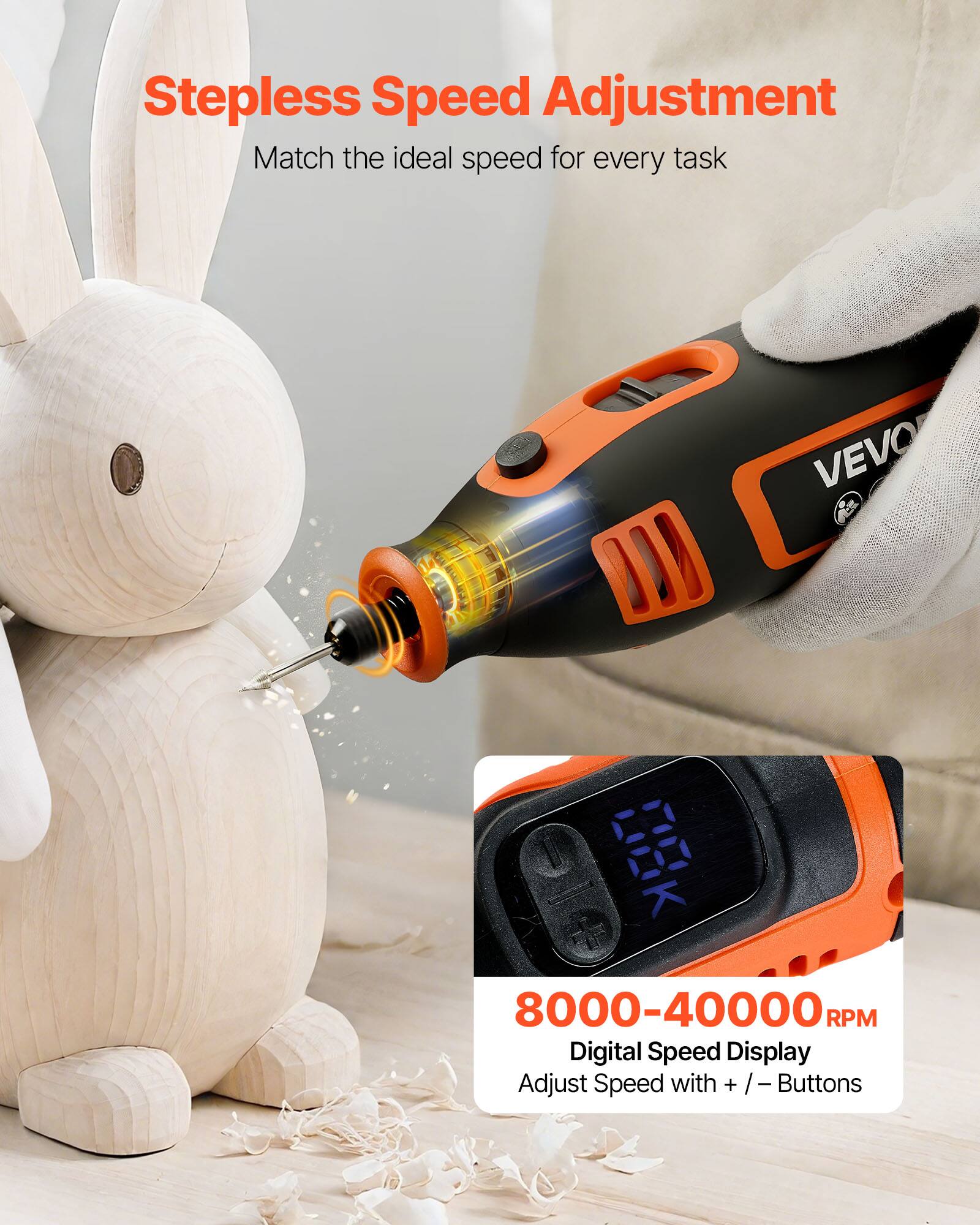 Stepless Speed Adjustment  
Match the ideal speed for every task  

VEVO B10 8000-40000 RPM  
Digital Speed Display  
Adjust Speed with + / - Buttons