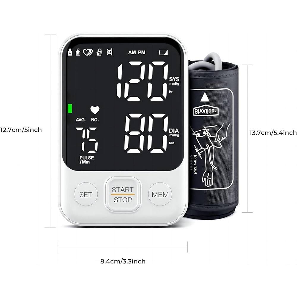 Sure, here is the corrected and grouped text from the image:

- **AM PM**
- **SYS mmHg** 127
- **DIA mmHg** 80
- **PULSE /Min** 71
- **AVG. NO.**
- **SET**
- **START STOP**
- **MEM**
- **12.7cm/5inch**
- **13.7cm/5.4inch**
- **8.4cm/3.3inch**
- **(0.8-1 2in)**