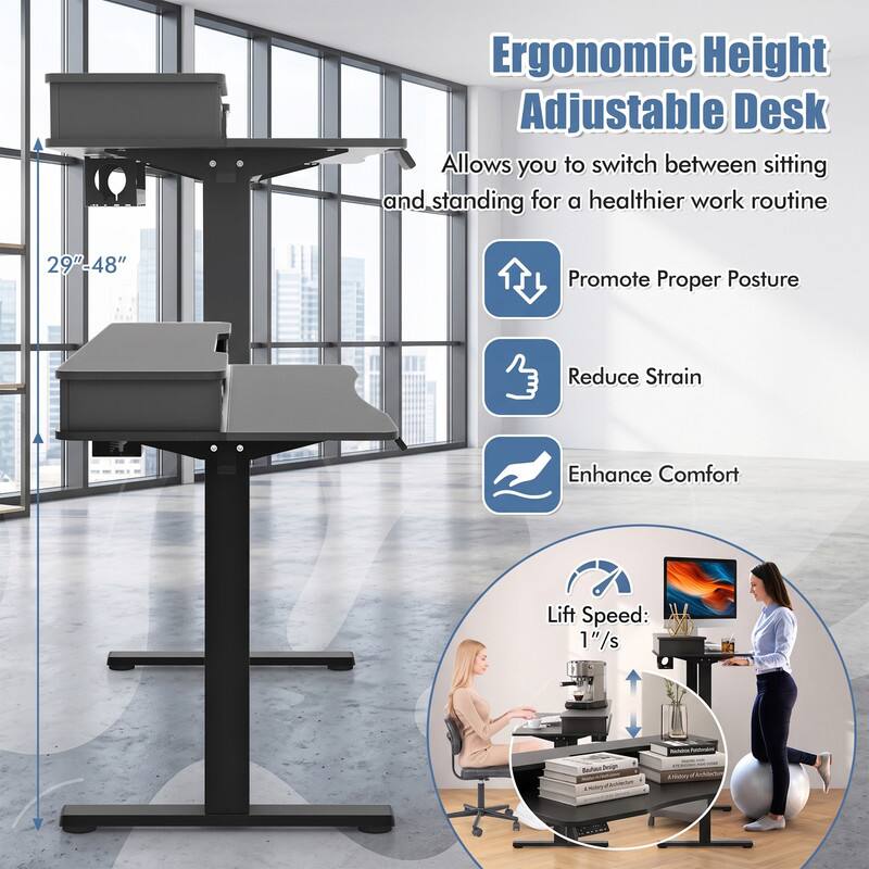 Ergonomic Height Adjustable Desk

Allows you to switch between sitting and standing for a healthier work routine

29"-48"

Promote Proper Posture

Reduce Strain

Enhance Comfort

Lift Speed: 1"/s