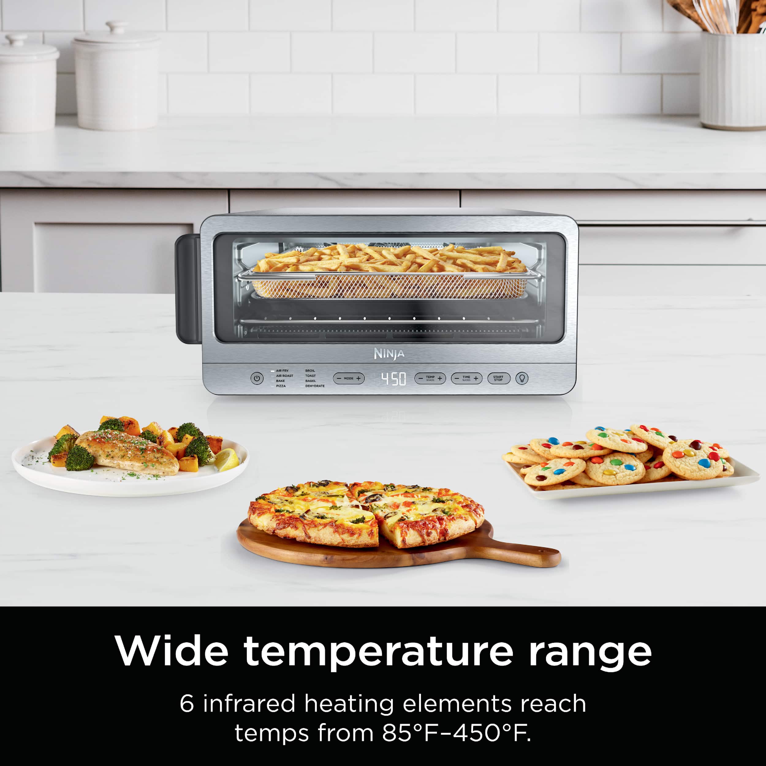 Wide temperature range: 6 infrared heating elements reach temps from 85F-450F.