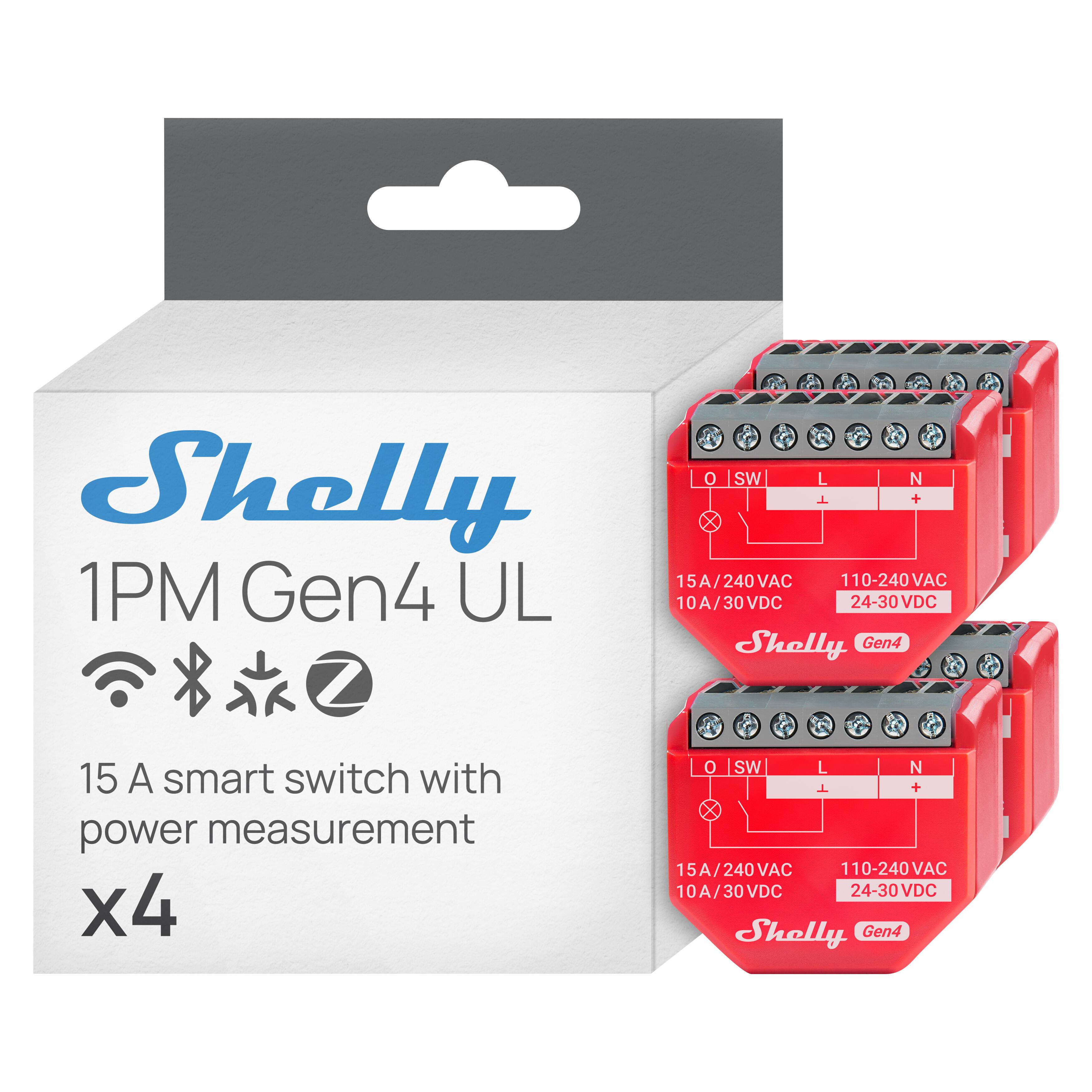 Shelly 1PM Gen4 UL  
15 A smart switch with power measurement x4  
o SW L N  
+ 15A/240VAC 110-240VAC VAC  
10A/30VDC 24-30VDC  
Shelly Gen4