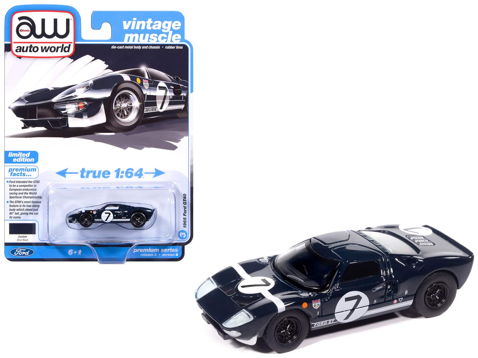 "Autoworld - 1965 Ford GT40 #7 Blue Black with White Stripes ""Vintage Muscle"" Series 1/64 Diecast Model Car by Auto World" price history on PriceWatchPro