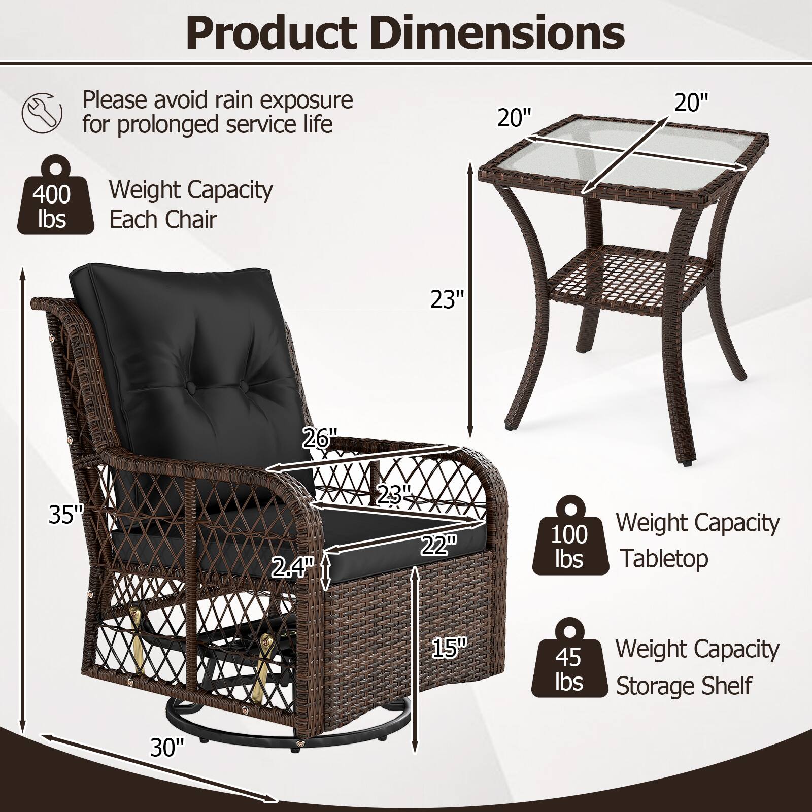 Product Dimensions

Please avoid rain exposure for prolonged service life

20" 20"

400 lbs Weight Capacity Each Chair

23" 26" 35" 2.4" 23" 22"

100 Weight Capacity Tabletop

15" 45 lbs Weight Capacity Storage Shelf

30"