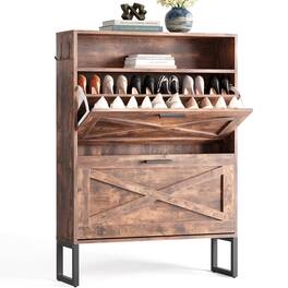 Sugift - Shoe Cabinet with 5 Flip Down Doors and Adjustable Shelves for Entryway Hallway and Closet Storage - Burnt Wood